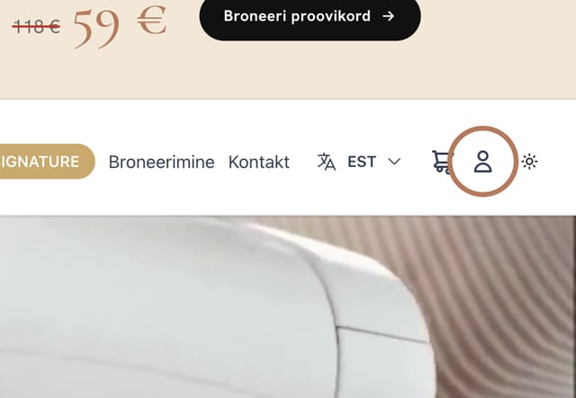 blisse.ee esileht: konto-ikoon paremas ülanurgas