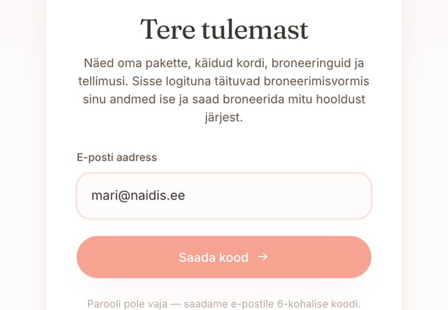 Sisselogimine: e-posti aadressi väli ja nupp „Saada kood“